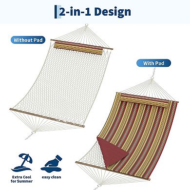 2 Person Cotton Rope Hammock with Stand and Pad Adjustable Steel Frame Double Hammock