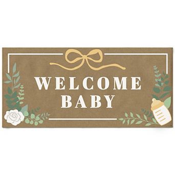 Boho Botanical Baby Shower Kraft Paper Banner, Greenery Welcome Baby Printed Brown Paper Sign 1 ct