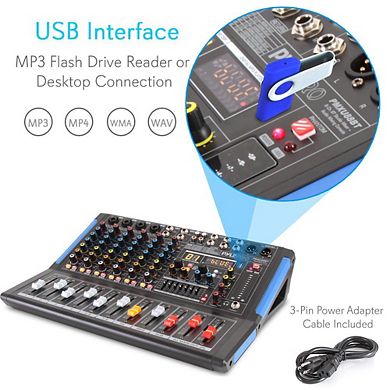 8-Channel Bluetooth DJ Audio Mixer, USB Drive, XLR Mic Input, 48V Power, 7-Band EQ, DSP Processor