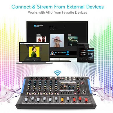 8-Channel Bluetooth DJ Audio Mixer, USB Drive, XLR Mic Input, 48V Power, 7-Band EQ, DSP Processor