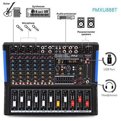 8-Channel Bluetooth DJ Audio Mixer, USB Drive, XLR Mic Input, 48V Power, 7-Band EQ, DSP Processor