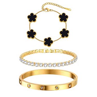 18K Plated Floral Stackable Bracelets Set - Elegant Gift for Women