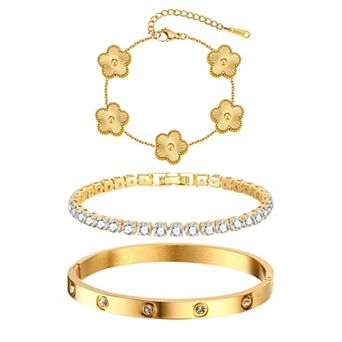18K Plated Floral Stackable Bracelets Set - Elegant Gift for Women