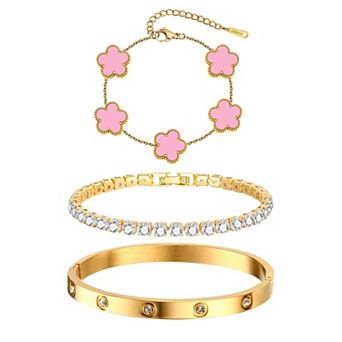 18K Plated Floral Stackable Bracelets Set - Elegant Gift for Women