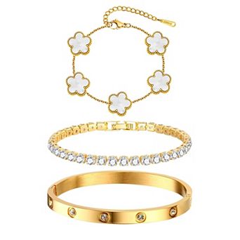 18K Plated Floral Stackable Bracelets Set - Elegant Gift for Women