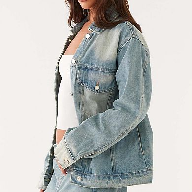 Women's Wash Oversized Denim Trucker Jacket Summer Fall Casual Jean Coat Long Sleeve Button Shirt
