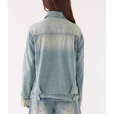 Women's Wash Oversized Denim Trucker Jacket Summer Fall Casual Jean Coat Long Sleeve Button Shirt