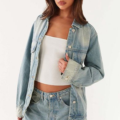 Women's Wash Oversized Denim Trucker Jacket Summer Fall Casual Jean Coat Long Sleeve Button Shirt