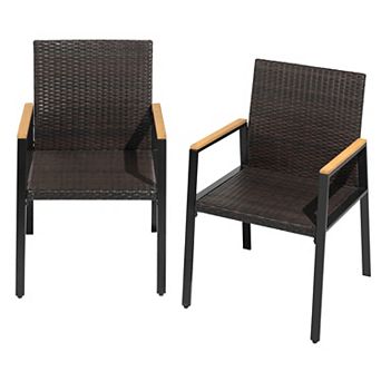 2 pc Outdoor Dining Chairs, Wicker Back and Acacia Wood Armrests, Stackable Design, Black and Brown
