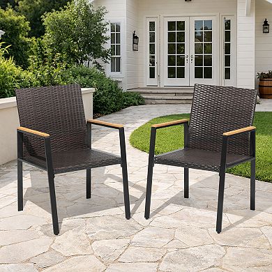 2PCS Outdoor Dining Chairs, Wicker Back and Acacia Wood Armrests, Stackable Design, Black and Brown