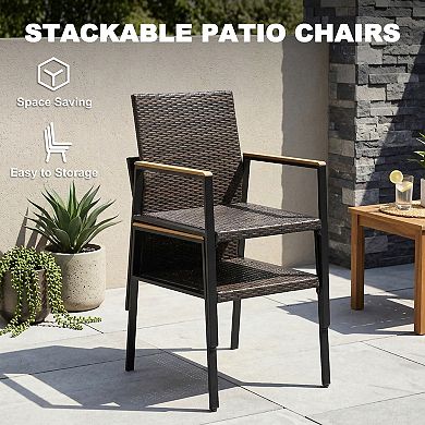 2PCS Outdoor Dining Chairs, Wicker Back and Acacia Wood Armrests, Stackable Design, Black and Brown