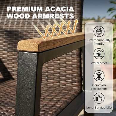 2PCS Outdoor Dining Chairs, Wicker Back and Acacia Wood Armrests, Stackable Design, Black and Brown