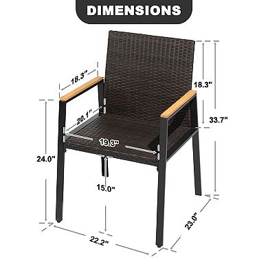 2PCS Outdoor Dining Chairs, Wicker Back and Acacia Wood Armrests, Stackable Design, Black and Brown