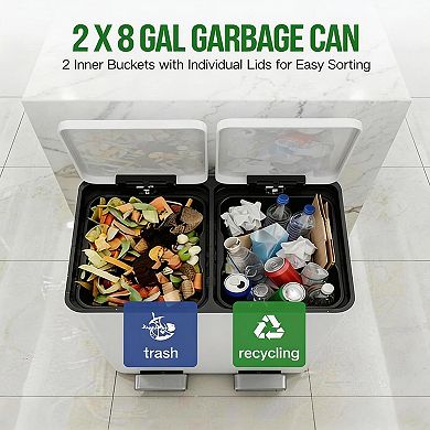 16 Gallon Dual Compartment Stainless Steel Step Trash Can and Recycling Bin
