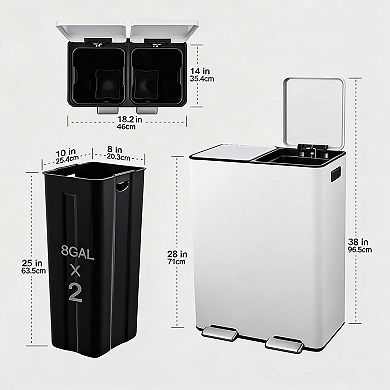 16 Gallon Dual Compartment Stainless Steel Step Trash Can and Recycling Bin