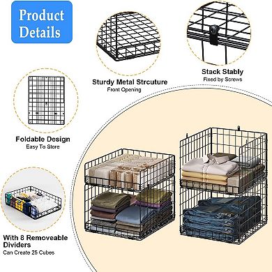4 Pack Stackable Closet Organizer Shelves Foldable Metal Storage Bins