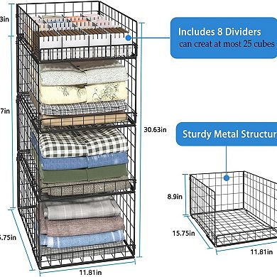 4 Pack Stackable Closet Organizer Shelves Foldable Metal Storage Bins