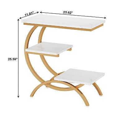 3 Tier C Shaped Side Table with Metal Frame and Wood Top, Industrial End Table for Living Room