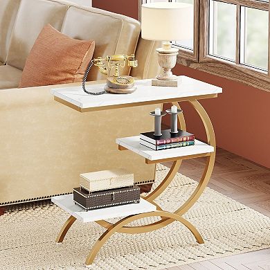 3 Tier C Shaped Side Table with Metal Frame and Wood Top, Industrial End Table for Living Room