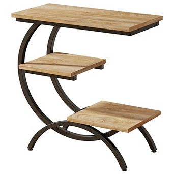 3 tier C Shaped Side Table with Metal Frame and Wood Top, Industrial End Table for Living Room