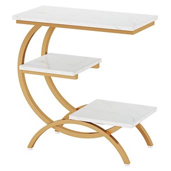 3 tier C Shaped Side Table with Metal Frame and Wood Top, Industrial End Table for Living Room