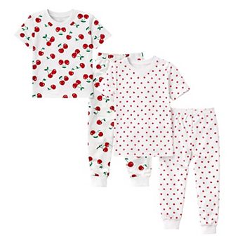 Kids Girls Cherries Hearts 2-Pack Pajamas Snug Fit PJs Short Sleeve