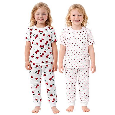 Kids Girls Cherries Hearts 2-Pack Pajamas Snug Fit PJs Short Sleeve