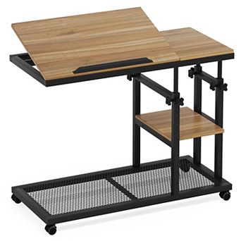 Height-Adjustable Rolling C-Table with Tilting Top and Two-Tier Shelves