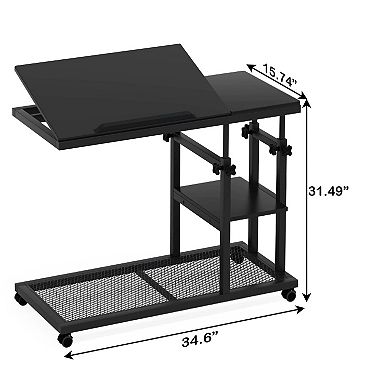 Height-Adjustable Rolling C-Table with Tilting Top and Two-Tier Shelves