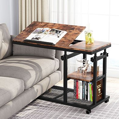Height-Adjustable Rolling C-Table with Tilting Top and Two-Tier Shelves