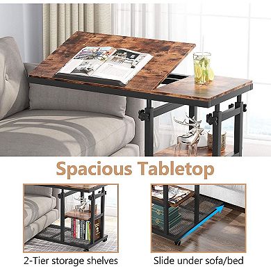 Height-Adjustable Rolling C-Table with Tilting Top and Two-Tier Shelves