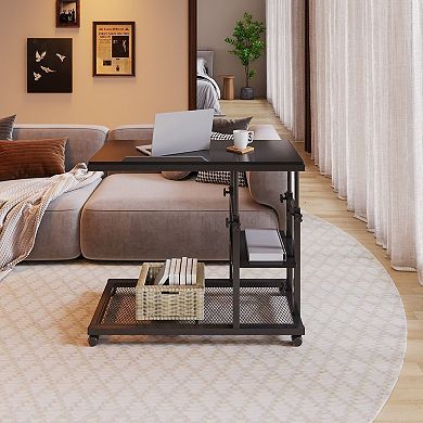 Height-Adjustable Rolling C-Table with Tilting Top and Two-Tier Shelves
