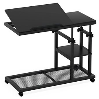 Height-Adjustable Rolling C-Table with Tilting Top and Two-Tier Shelves
