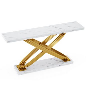 Faux Marble Console Table with Metal Frame and 2 Levels for Display or Storage