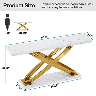 Faux Marble Console Table with Metal Frame and 2 Levels for Display or Storage