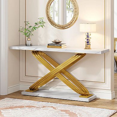 Faux Marble Console Table with Metal Frame and 2 Levels for Display or Storage