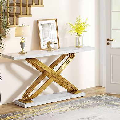 Faux Marble Console Table with Metal Frame and 2 Levels for Display or Storage