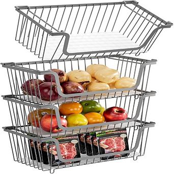 4 Pack Stackable Wire Baskets - Metal Food Storage Bins for Pantry and Kitchen