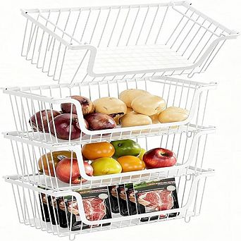 4 Pack Stackable Wire Baskets - Metal Food Storage Bins for Pantry and Kitchen