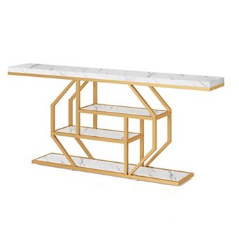 Narrow Entryway Table with Shelves, Faux Marble Top Gold Metal Frame