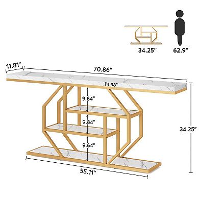 Narrow Entryway Table with Shelves, Faux Marble Top Gold Metal Frame