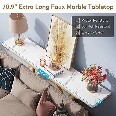 Narrow Entryway Table with Shelves, Faux Marble Top Gold Metal Frame