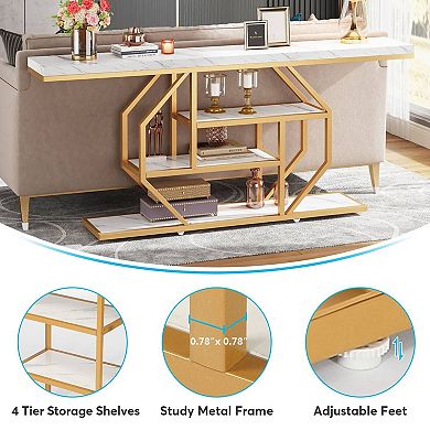 Narrow Entryway Table with Shelves, Faux Marble Top Gold Metal Frame