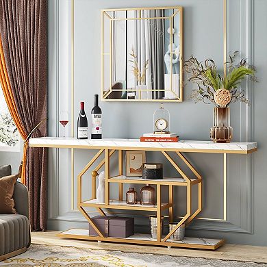 Narrow Entryway Table with Shelves, Faux Marble Top Gold Metal Frame