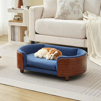 IFMALL Elevated Pet Sofa Bed with Solid Wood Legs and Velvet Cushion