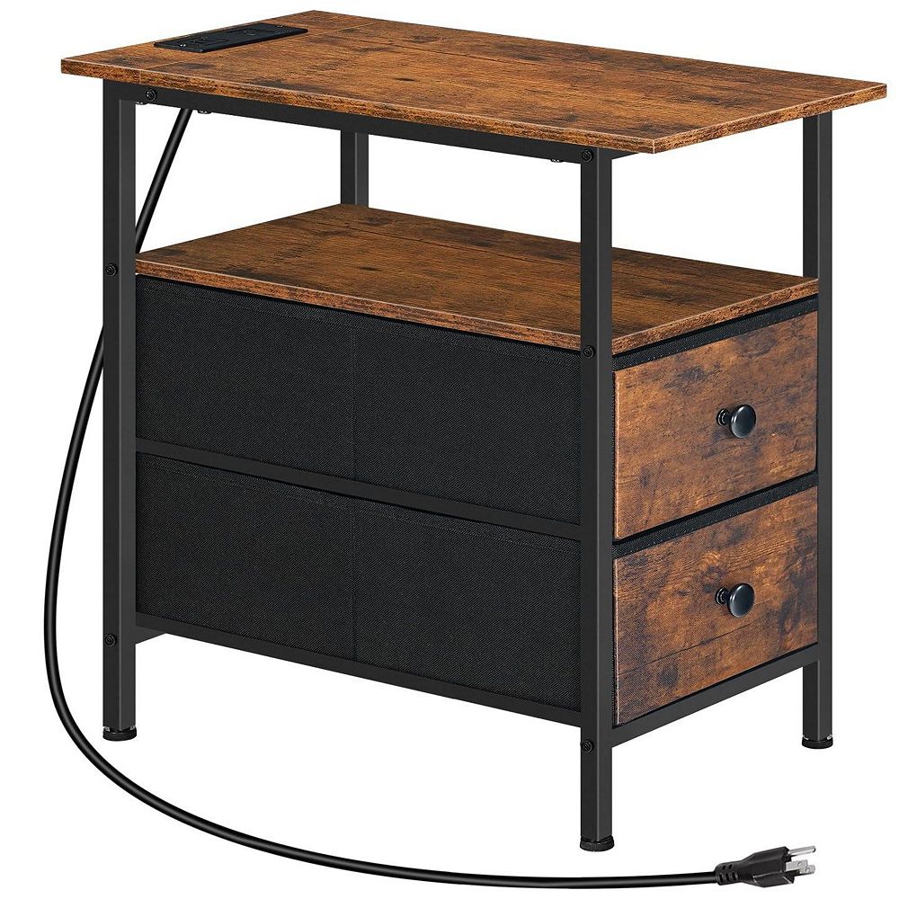 Compact Industrial End Table with Charging Station and Storage Drawers