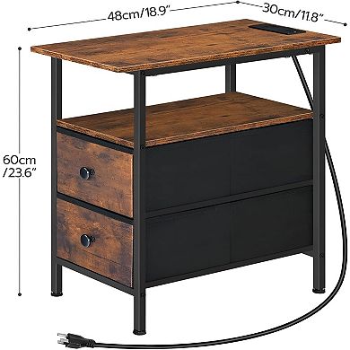 Compact Industrial End Table with Charging Station and Storage Drawers