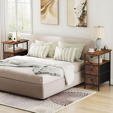 Compact Industrial End Table with Charging Station and Storage Drawers