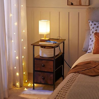 Compact Industrial End Table with Charging Station and Storage Drawers