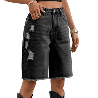 Women Jorts Baggy Jeans Jorts Ripped Raw Hem Fringe Design High Waist Denim Y2K Shorts